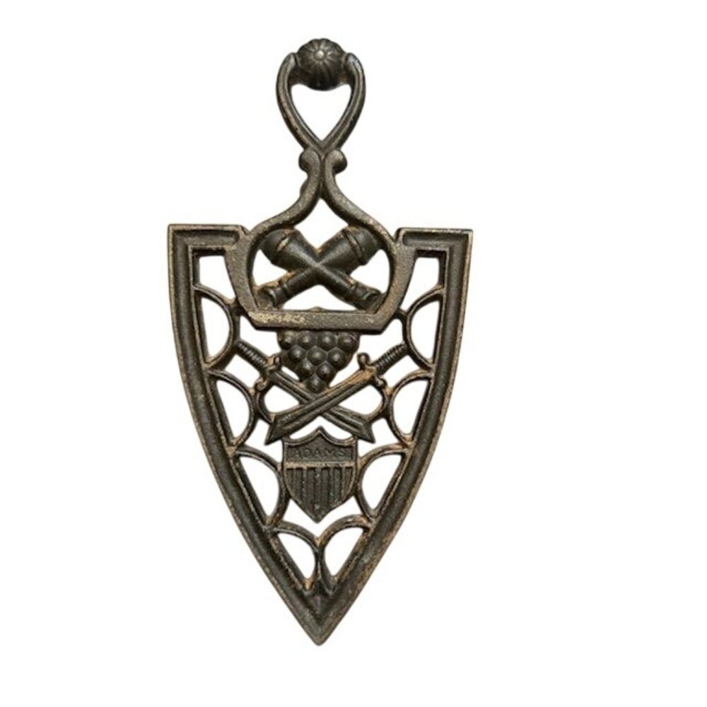 Cast Iron Trivet Shield Design With Grapes & Crossed Cannons "Pres. Adams" Antiq